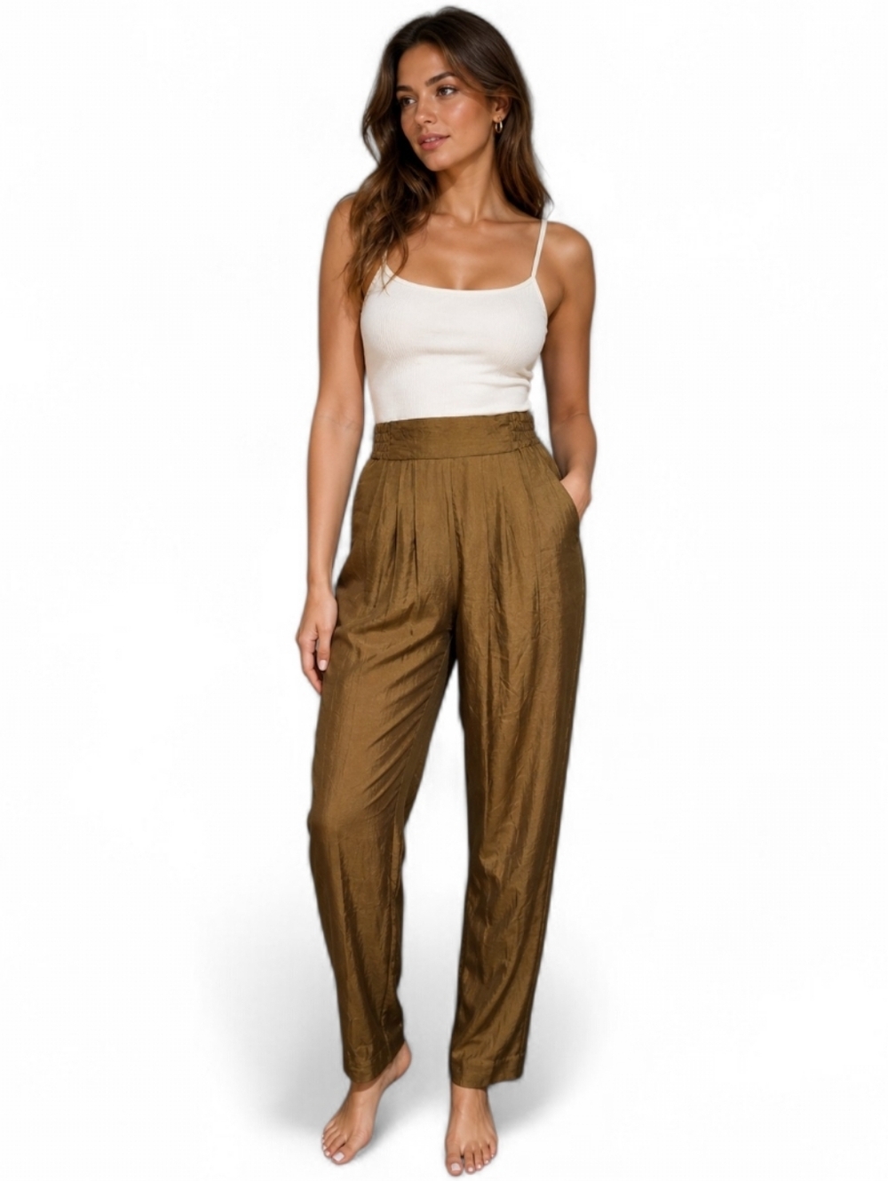 Vintage Carole Little Petites 100% Silk Trousers High Rise Olive Bronze Size 8/S